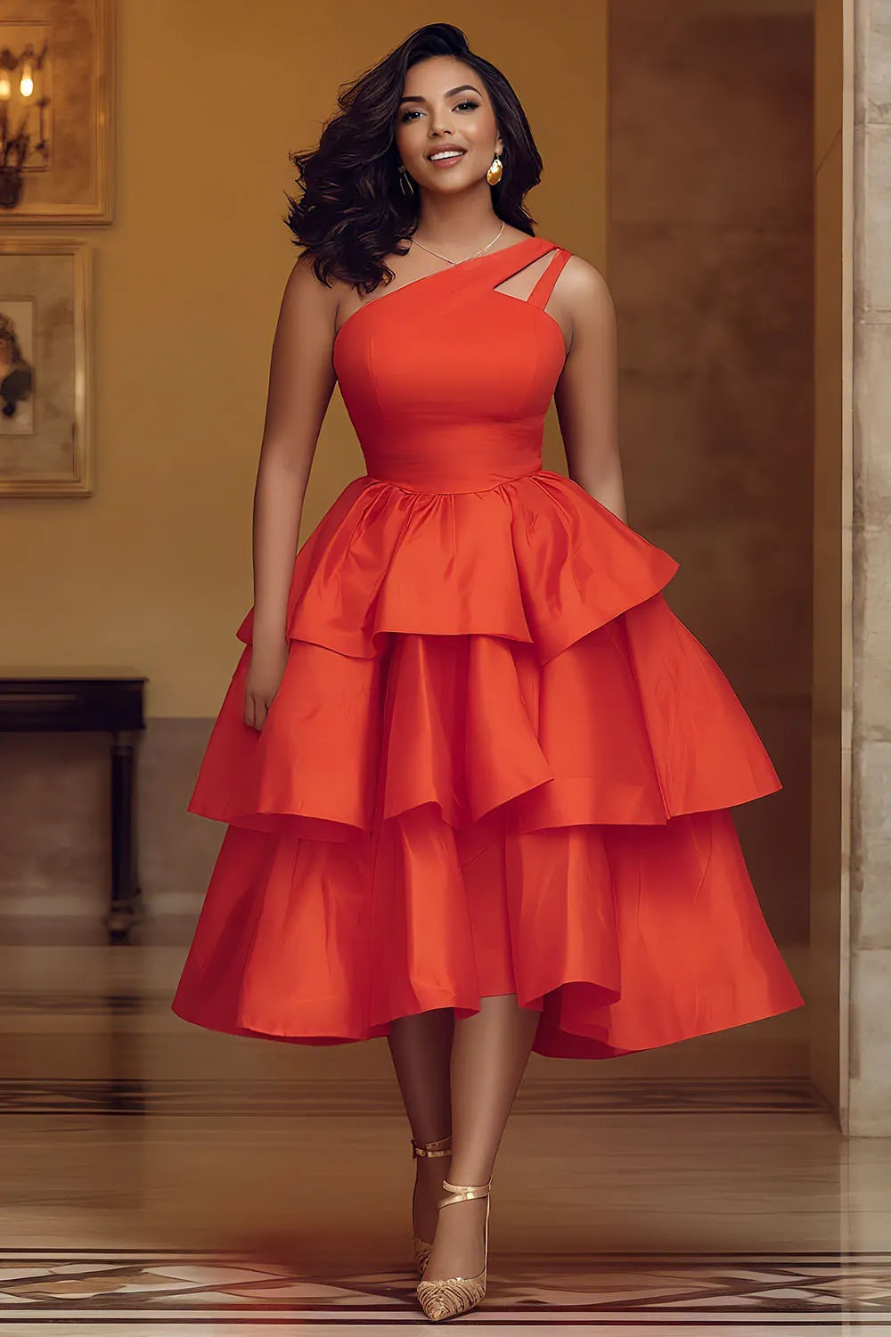 One Shoulder Cinched Waist Layered Hem Party Midi Dresses-White