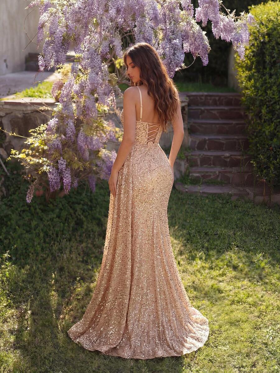 Elegant Sequin Spaghetti Strap Rhinestone Patchwork Fishbone High Waist High Slit Tie Back Open Back Evening Dress Fall