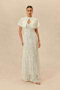 Make An Entrance White Floral Lace Maxi Dress With Cape