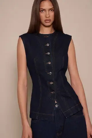 Indigo Round Neck Cinch Belted Denim Top