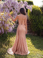Elegant Sequin Spaghetti Strap Rhinestone Patchwork Fishbone High Waist High Slit Tie Back Open Back Evening Dress Fall