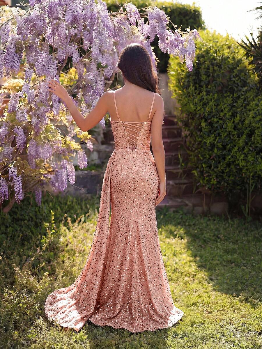 Elegant Sequin Spaghetti Strap Rhinestone Patchwork Fishbone High Waist High Slit Tie Back Open Back Evening Dress Fall