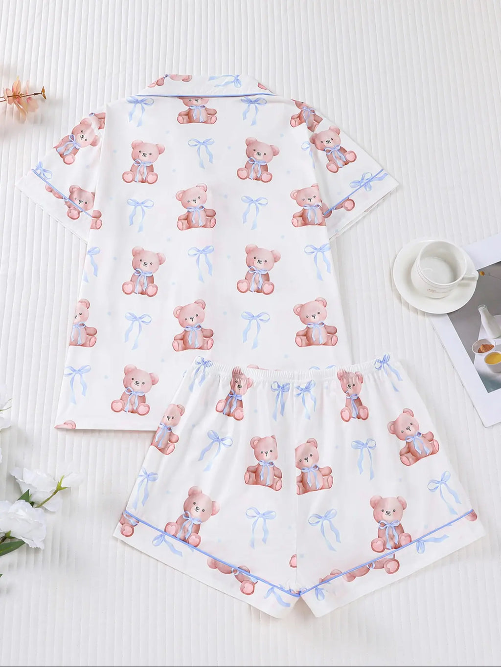 Women's Bear Print Knit Short Sleeve Top & Elastic Waist Shorts Pajama Set