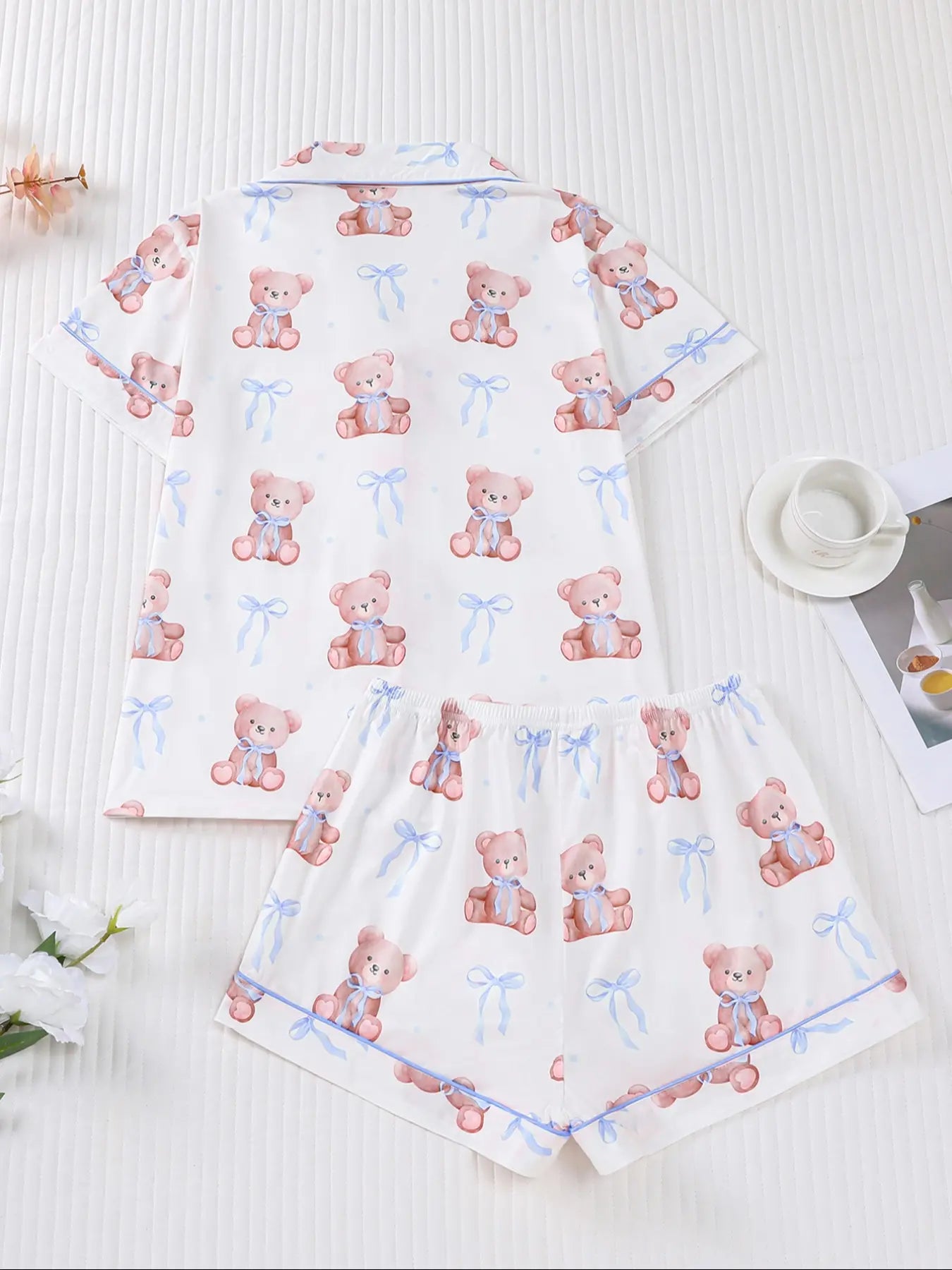 Women's Bear Print Knit Short Sleeve Top & Elastic Waist Shorts Pajama Set