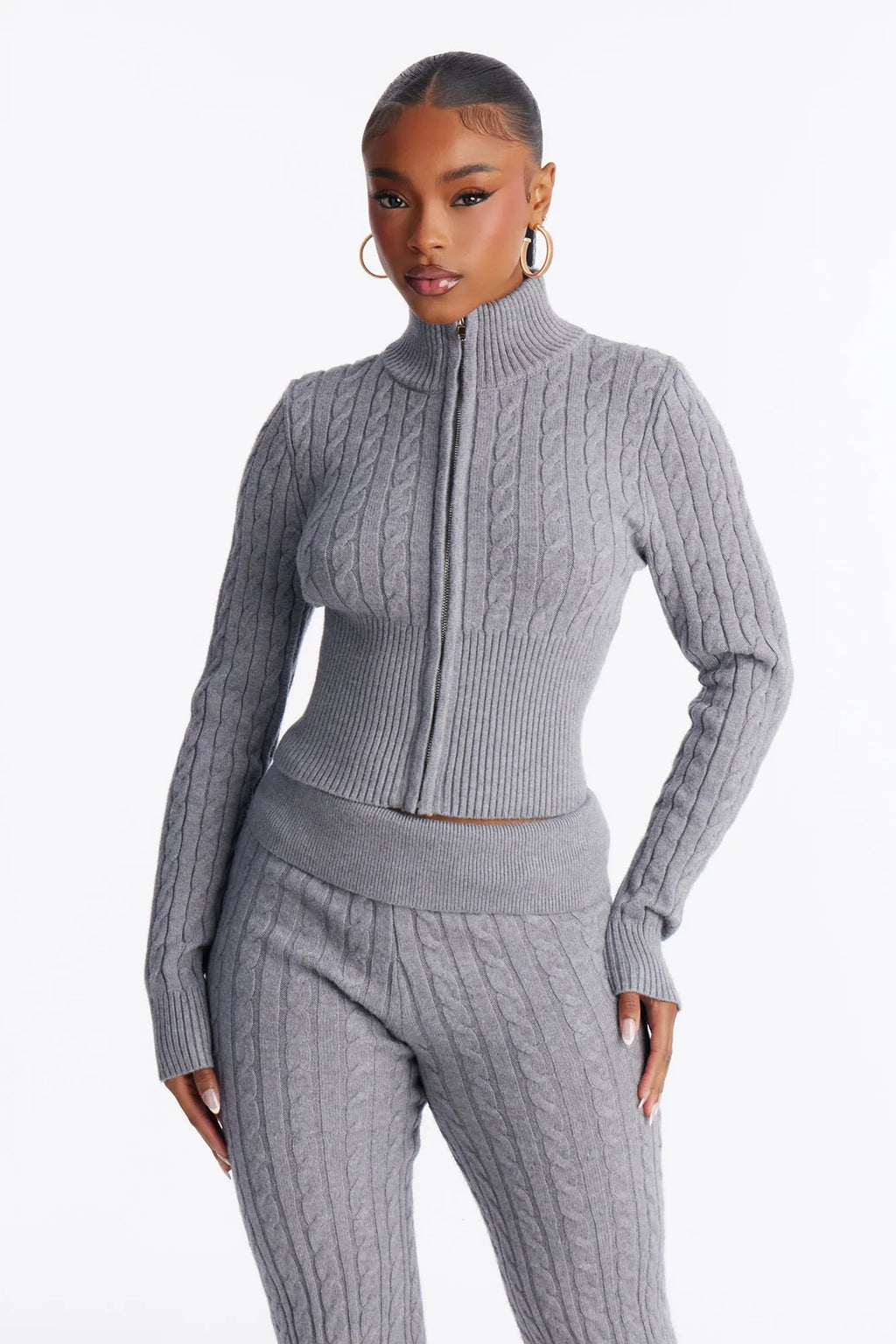 Caroline Mock Neck Cable Sweater Pant Set - Heather Grey