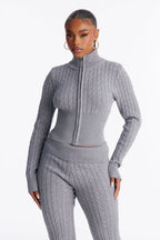 Caroline Mock Neck Cable Sweater Pant Set - Heather Grey