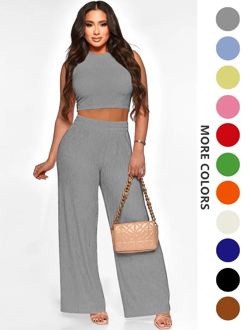 Two-Piece Set Women's Solid Textured Knit Fabric Co-ord Set Suits, Casual Round Neck Crop Tank Top & High Waist Wide Leg Pants Set, Ladies Summer Fit Clothes for Daily Wear, Womenswear