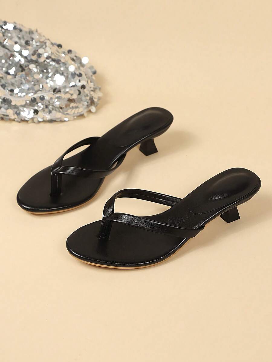 Square Toe Wide Foot Thong Sandals With Thin Heel, Versatile Outdoor Wear Thin Heel Thong Flip Flops For Women, Chic & Elegant