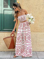 Frenchy Women's Blue And White Plant Print Cropped Tube Top & Wide Leg Pants 2 Pieces Set,Boho Summer Holiday Vacation Holiday Beach Bohemian Outfits Suit