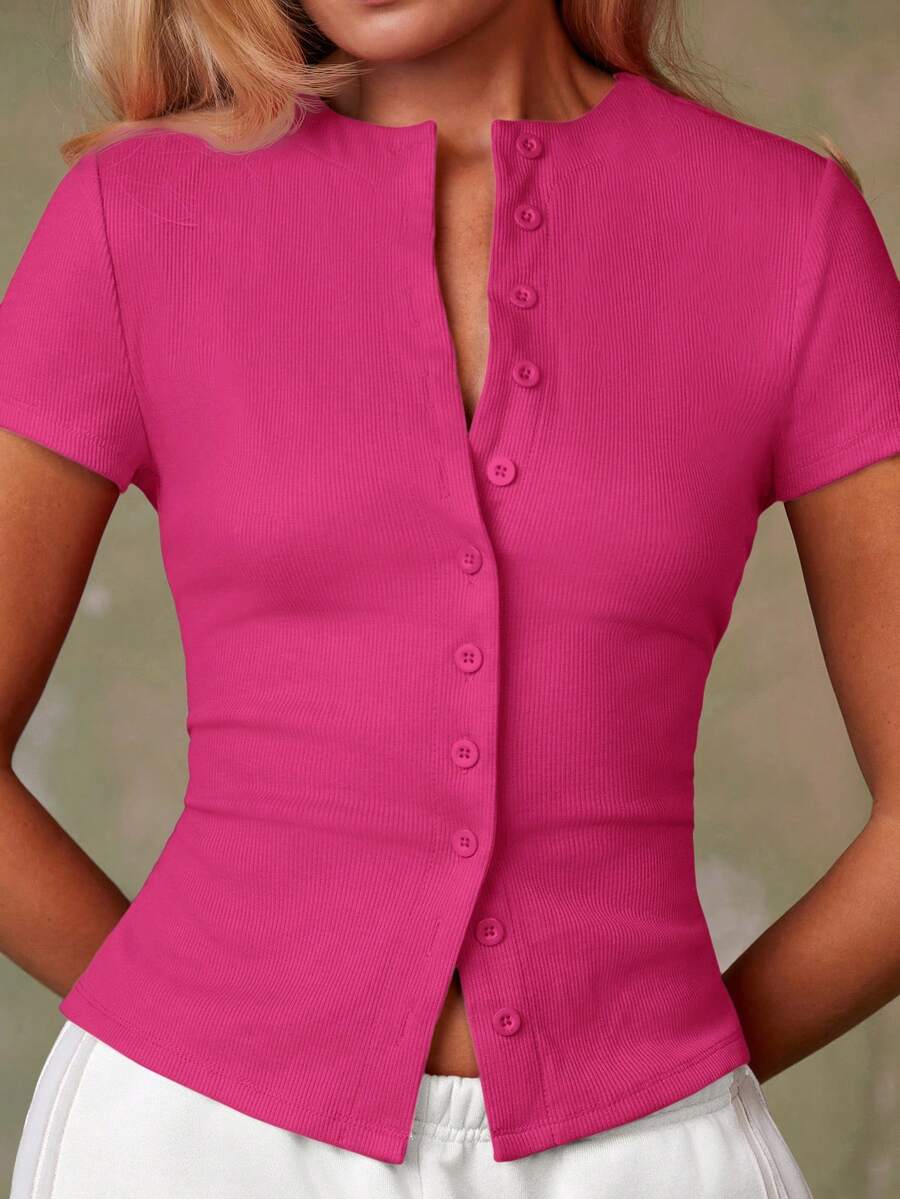 Women's Casual Red Single-Breasted Short Sleeve Fitted Top,Red Top,Christmas, Cute Vacation,Resort Wear,Summer Holiday,Spring,Spring Break,Beach