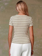Women's Casual Red Single-Breasted Short Sleeve Fitted Top,Red Top,Christmas, Cute Vacation,Resort Wear,Summer Holiday,Spring,Spring Break,Beach