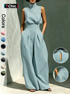 Women's High-Neck Sleeveless Top and High-Waist Wide-Leg Pants Two-Piece Set, Elegant Chic Formal Outfit for Fashionable Ladies, Clothes