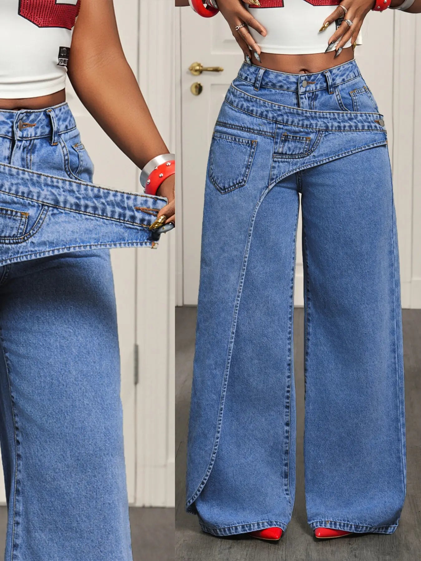 Women's Casual Denim Long Pants, Elegant Plain Pattern, Loose-Fitting, All-Season Fashion, Trendy Asymmetrical Design