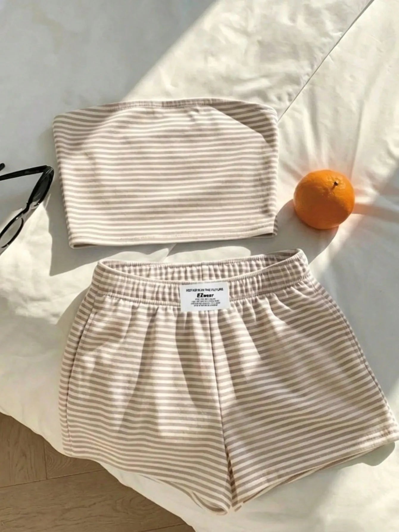 Comfortcana Women Summer Outfit,Pink And White Striped Tube Top & Shorts 2-Piece Set,Cute Casual Minimalist Everyday Versatile Resort Beach Outfit For Ladies