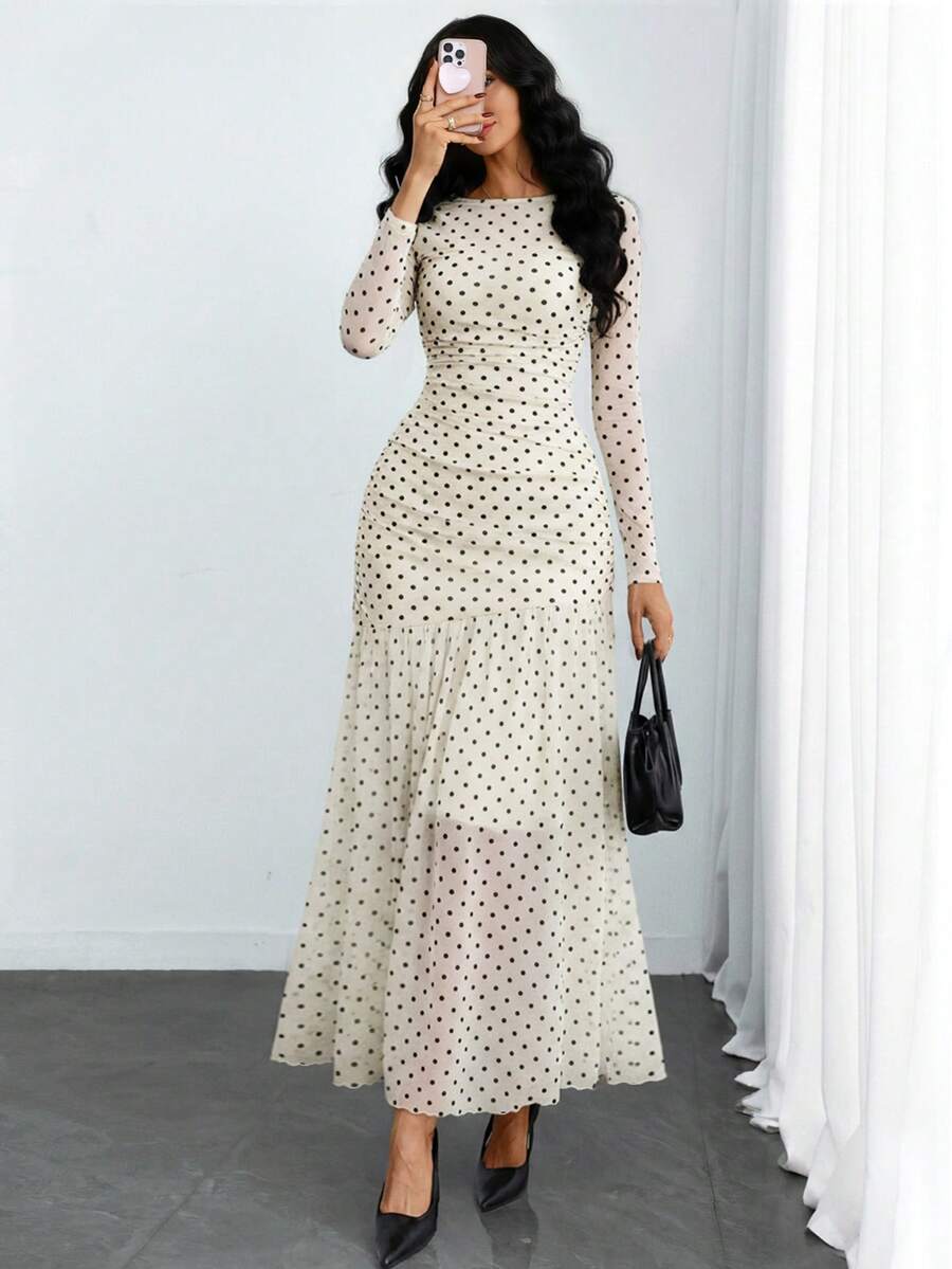 Women's Gothic Sexy Elegant Modern Contrast Stripe Asymmetrical Ruffle Waist Double-Layer Mesh Long Sleeve Dress, Suitable For Dates, Vacations And Daily Commute Spring