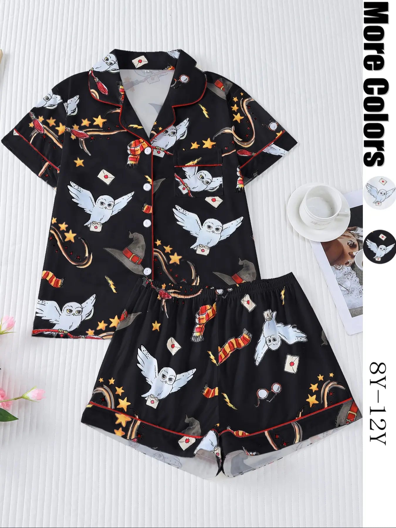 Women's Owl Print Short Sleeve Top & Elastic Waist Shorts Pyjama