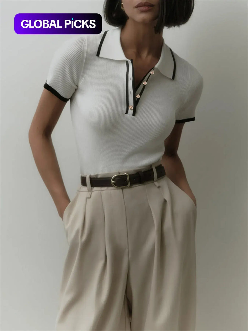 Women's Contrast Binding Polo Neck Knit Top, Casual Fit Button-Front Short-Sleeve Knitting Top for Summer, Fashion Knit Polo Shirt for Women's Daily Wear, Collared Polo Shirts, Summer Tops
