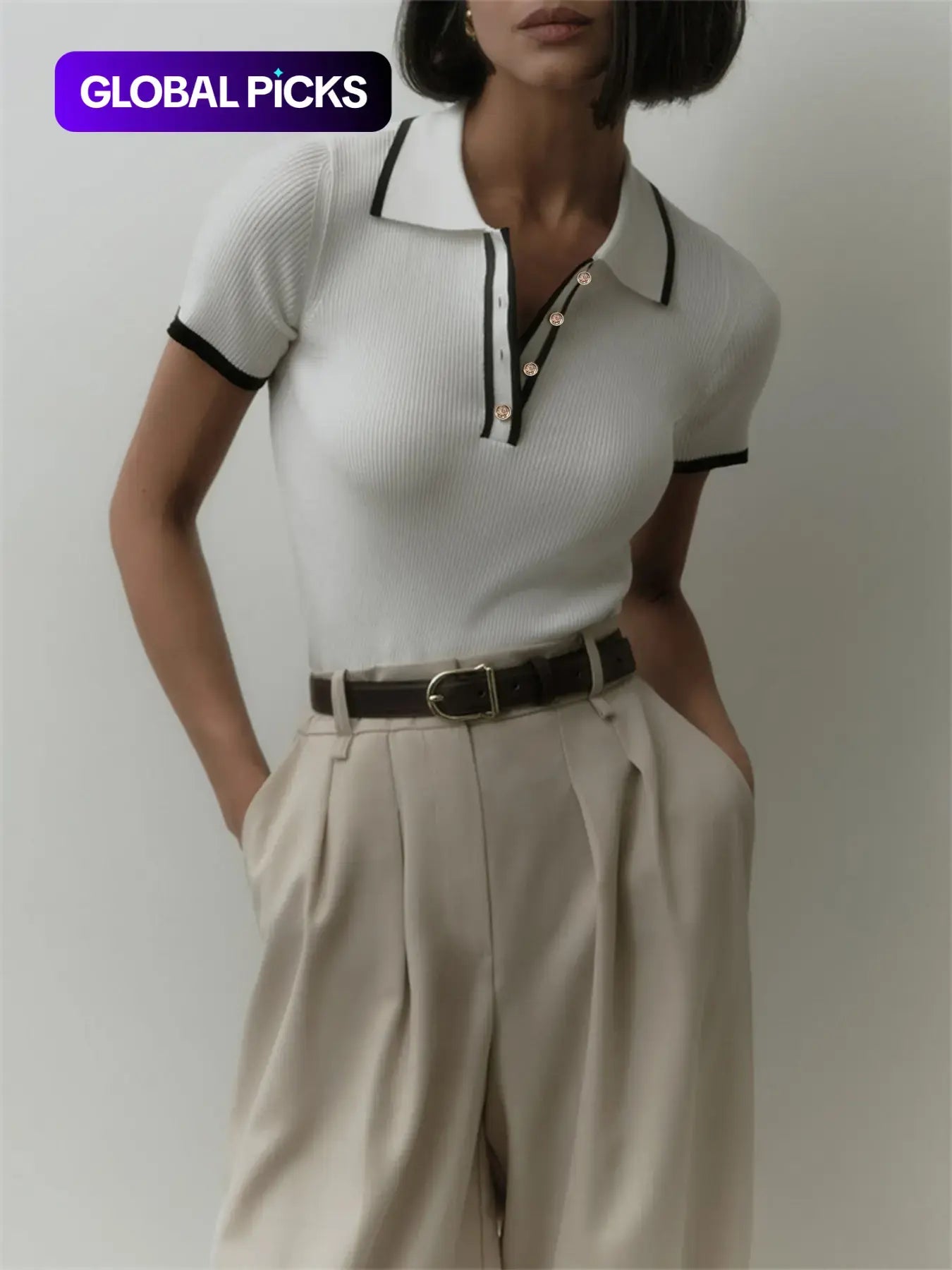 Women's Contrast Binding Polo Neck Knit Top, Casual Fit Button-Front Short-Sleeve Knitting Top for Summer, Fashion Knit Polo Shirt for Women's Daily Wear, Collared Polo Shirts, Summer Tops
