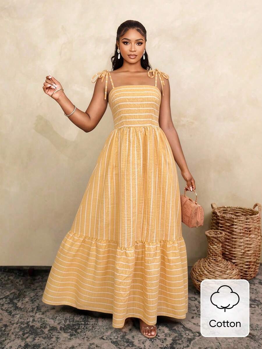 Women's Blue And White Stripe Flowing Maxi Dress,Summer Elegant Holiday Tea Party Holiday,Shoulder Straps Chest Gathering,Beach Casual Gown