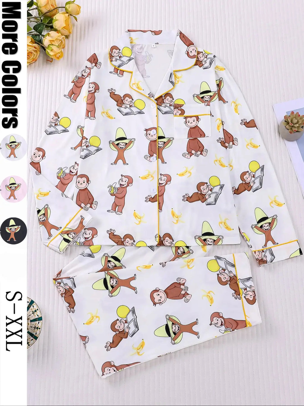 Women's Monkey Banana Print Pajama Set Pyjamas Pjs