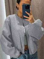 Women's Baseball Jacket Bomber Jacket Street Style Round Neck Drop Shoulder Lantern Sleeve Zip-Up Outerwear, Autumn/Winter Spring