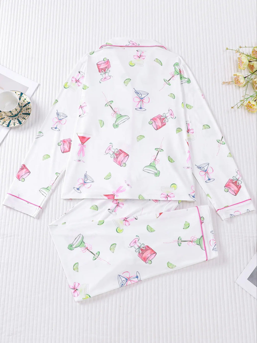 Women's Casual Pajama Set, Long Sleeve Button Front Shirt & Elastic Pants