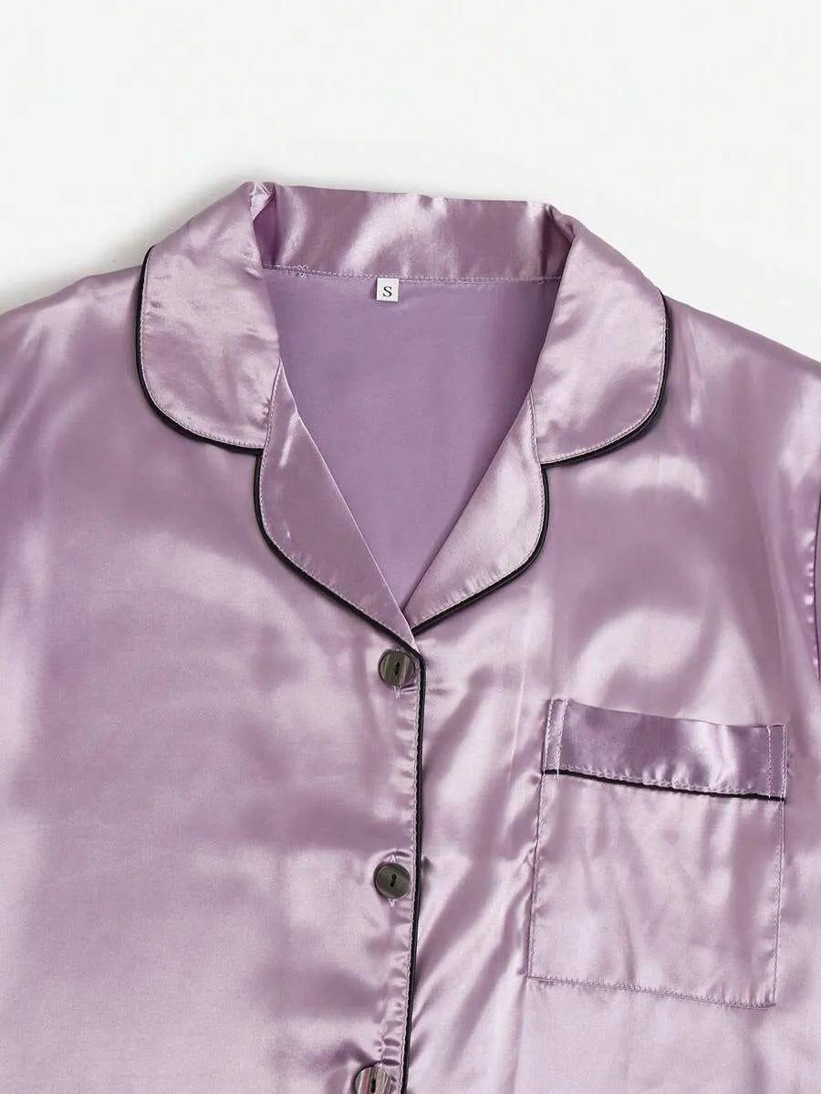 3sets Contrast Piping Satin Blouse & Shorts PJ Set / Pajama Set