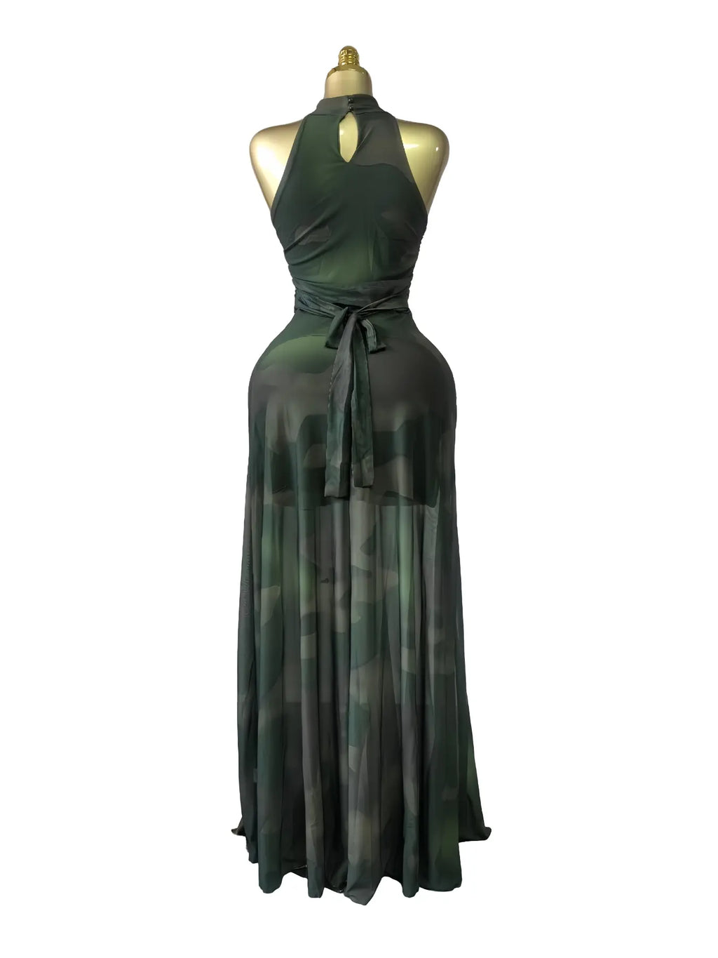 Women's O-Neck Sleeveless Stacked A-line Maxi Dress, Elegant Romantic Dress, Autumn Party Gown, Beach Evening Dress, Printed Long Dress for Birthdays, Jellyfish Camouflage Printed with Sashes Floor Length Dresses