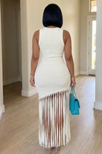 Round Neck Sleeveless Fringe Hem Slim Fit Maxi Dresses-White