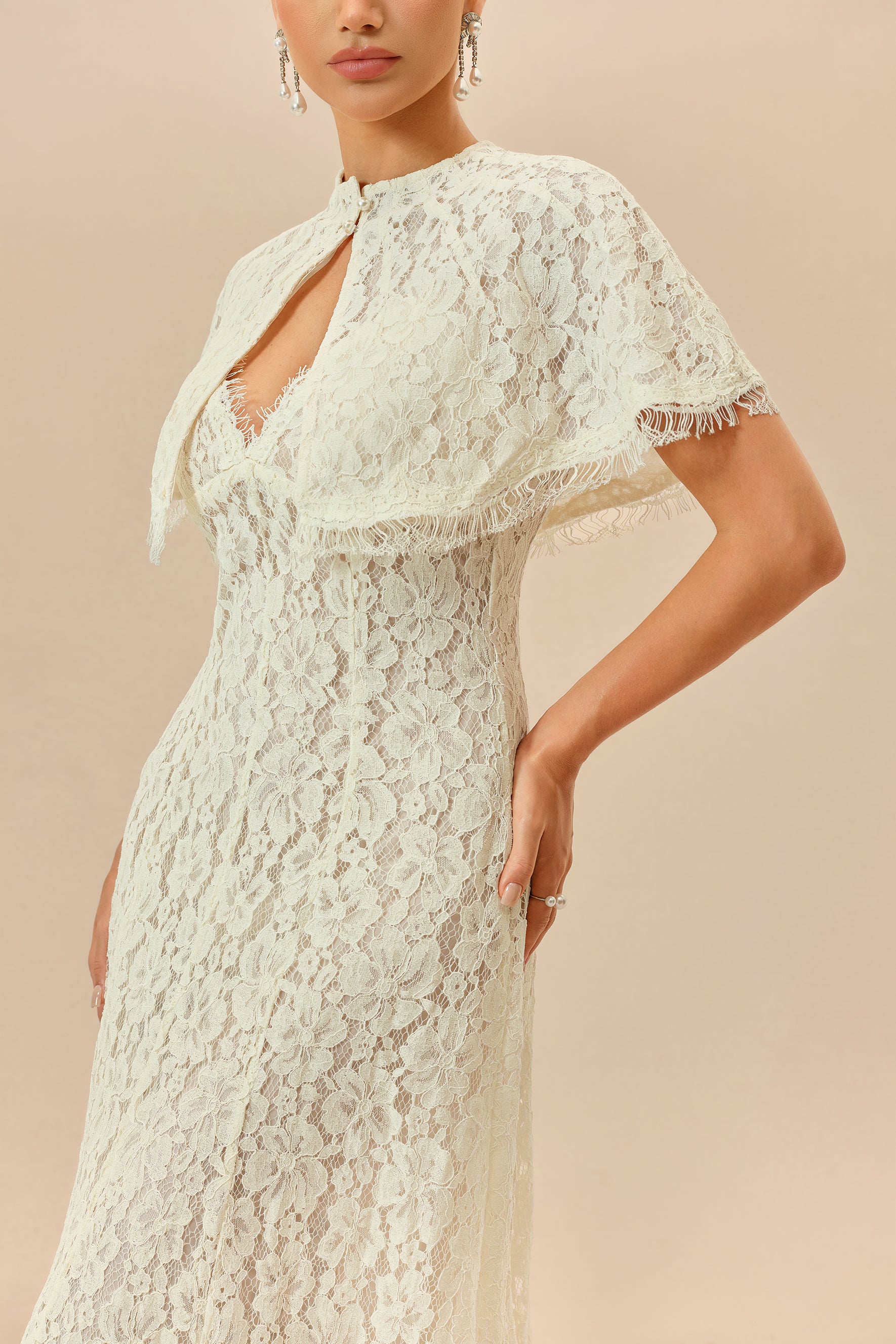 Make An Entrance White Floral Lace Maxi Dress With Cape