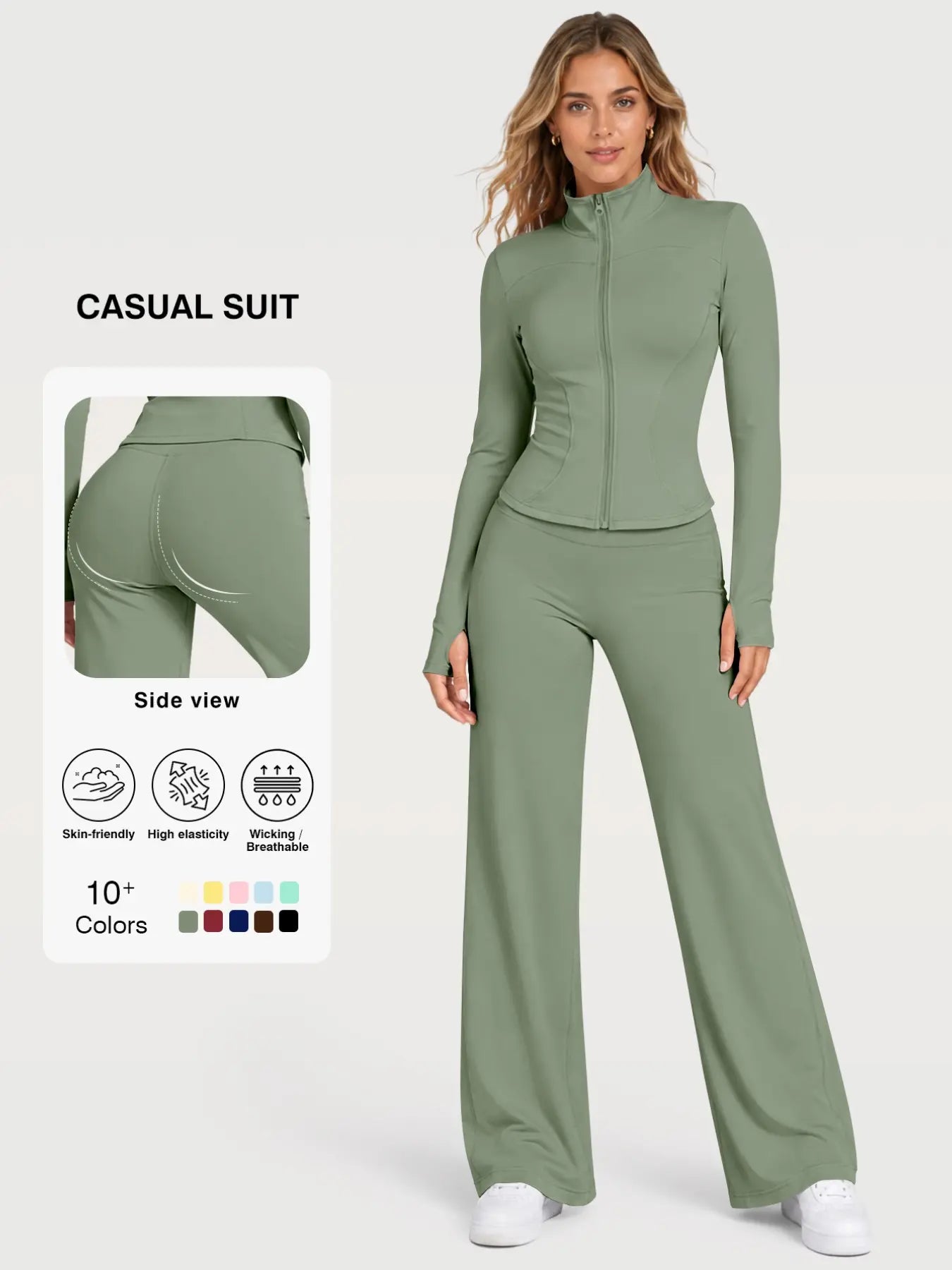 Flexaura Two-Piece Set, High-Waist Wide-Leg Pants & Zipper Jacket, Breathable Sporty, Long Sleeve, All Seasons, Yoga & Gym Wear