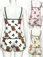 Cherry Print Halter Short Pajamas, Ruffle Trim Design, Sweet Girl Style, Breathable Home Sleepwear, 3-Piece Set