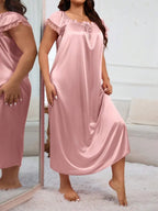 MuseNap CURVE Plus Size Women Pleated Square Collar Embroidered Satin Nightgown