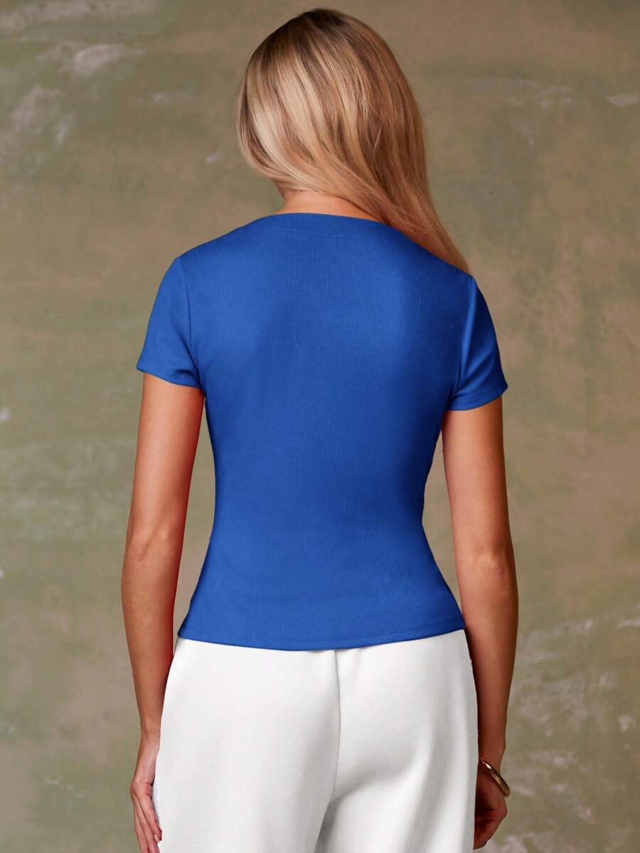 Women's Casual Red Single-Breasted Short Sleeve Fitted Top,Red Top,Christmas, Cute Vacation,Resort Wear,Summer Holiday,Spring,Spring Break,Beach