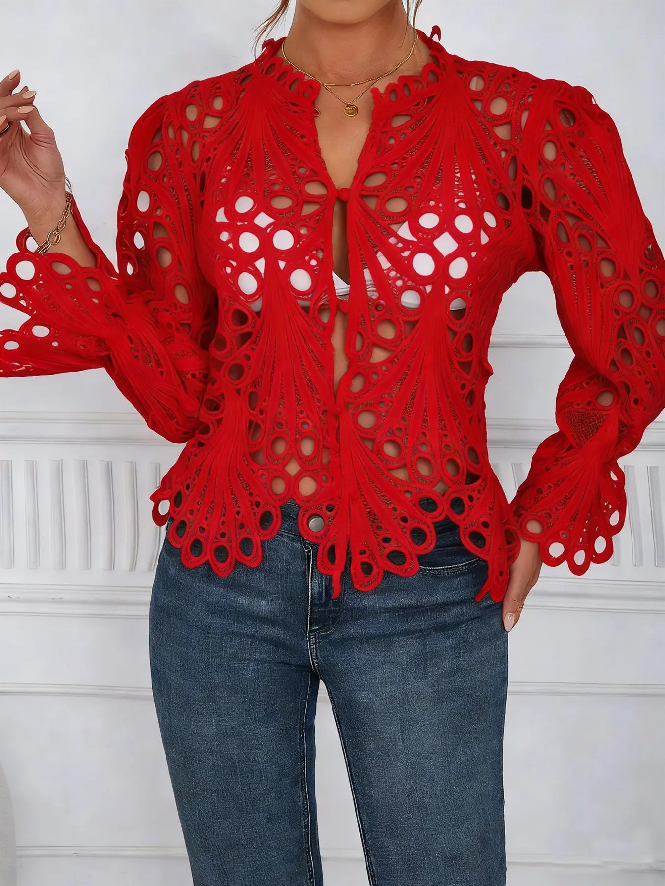 2026 Spring Summer New Women's Blouse, Sexy Asymmetrical Hollow Out Bell Sleeve, Breathable Lightweight Fabric Nightclub Top, Casual Fitted Long Sleeve Shirt, Button Blouse Shirts