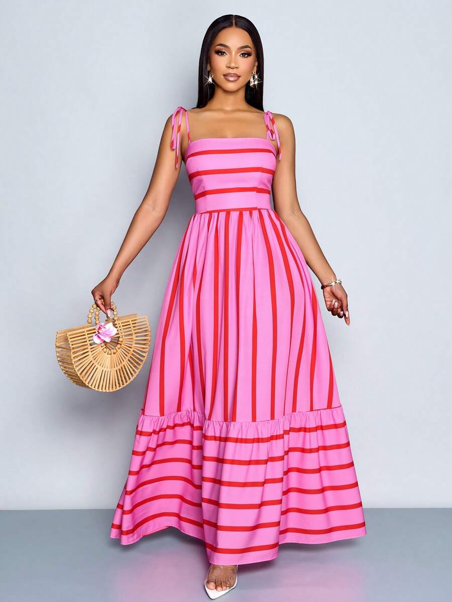 Women's Blue And White Stripe Flowing Maxi Dress,Summer Elegant Holiday Tea Party Holiday,Shoulder Straps Chest Gathering,Beach Casual Gown
