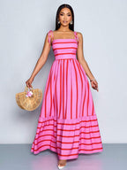Women's Blue And White Stripe Flowing Maxi Dress,Summer Elegant Holiday Tea Party Holiday,Shoulder Straps Chest Gathering,Beach Casual Gown