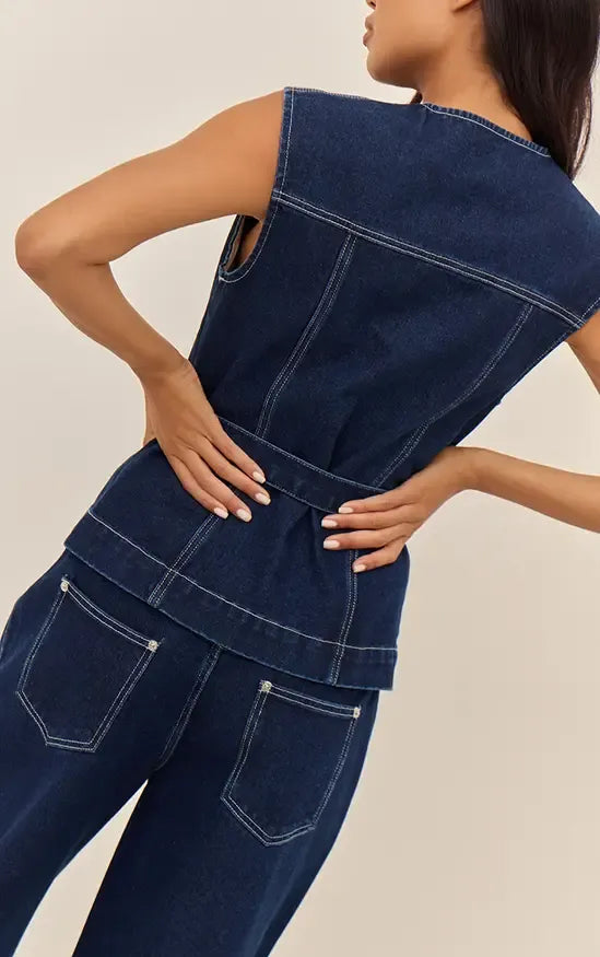 Indigo Round Neck Cinch Belted Denim Top