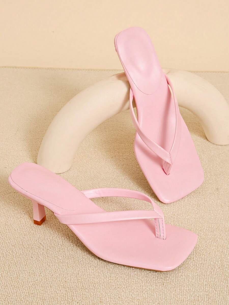 Square Toe Wide Foot Thong Sandals With Thin Heel, Versatile Outdoor Wear Thin Heel Thong Flip Flops For Women, Chic & Elegant