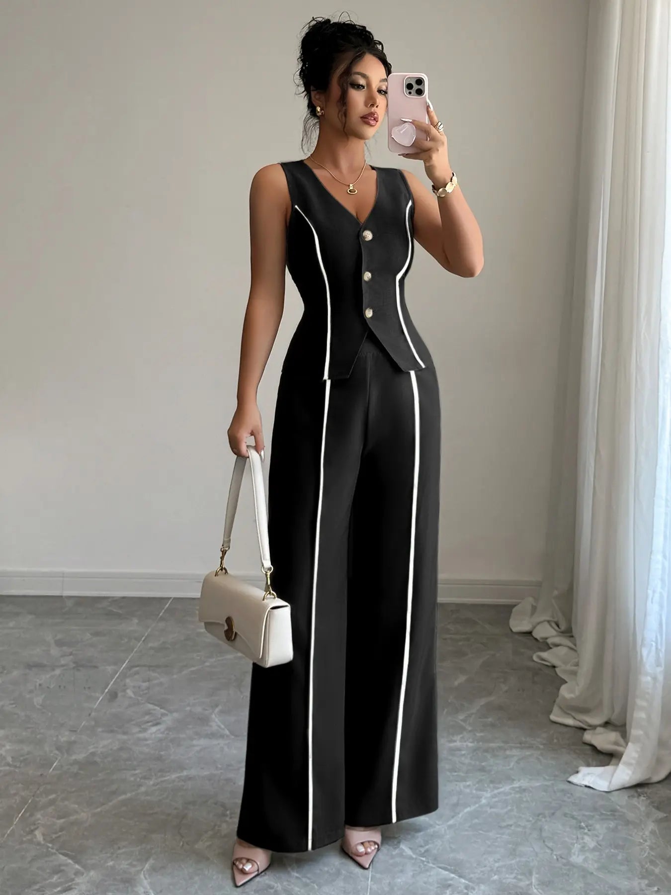 Colorblock V-Neck Sleeveless Button Vest Set Suits with Wide Leg Pants, Spring & Fall Fashion, Minimalist, Slim Fit, Plain Pattern, Natural Waist, Womenswear
