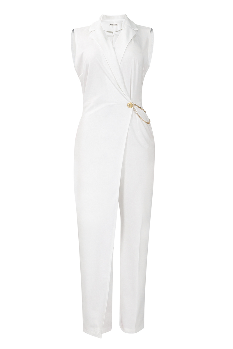 Deep V Neck Overlay Straight Leg Sleeveless Plain Jumpsuit-White