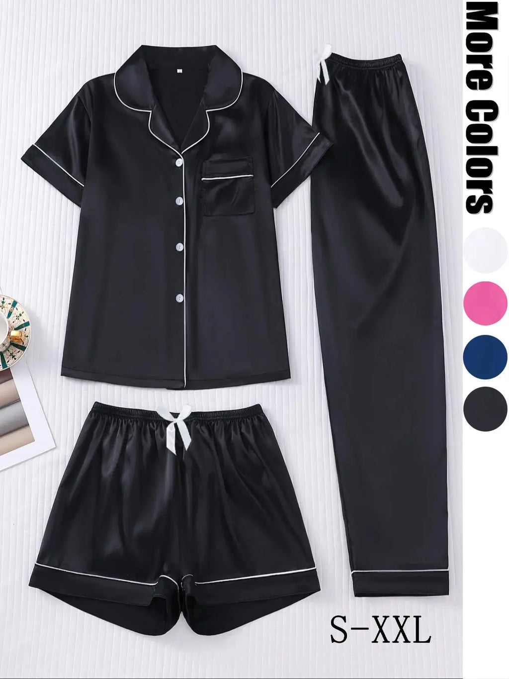 Women's Solid Satin Pyjama Three-piece Set