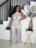 POLKA DOT SELF TIE  SILK JUMPSUIT
