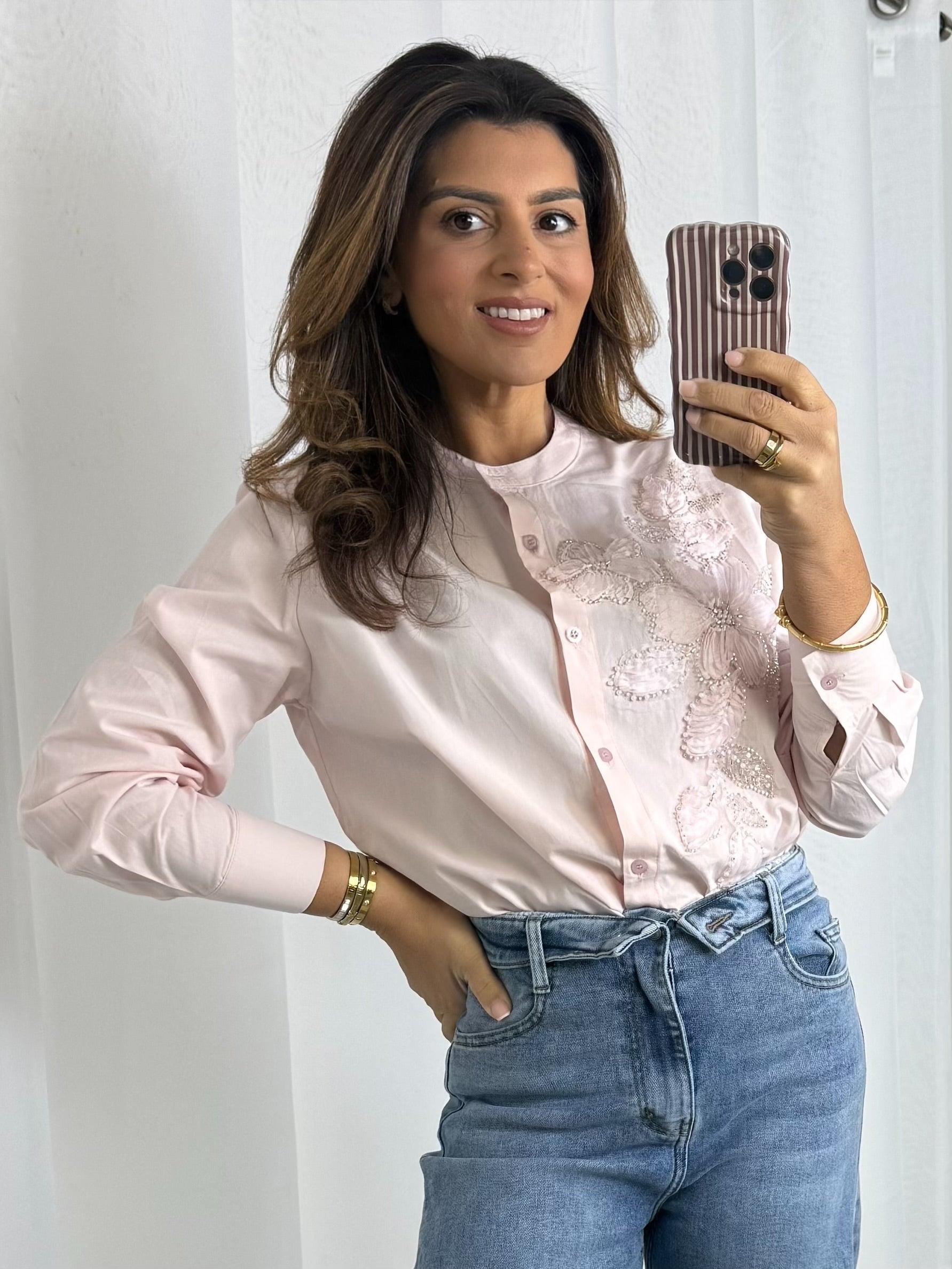 Grandad Collar Flower Beaded Shirt (2 Colours)