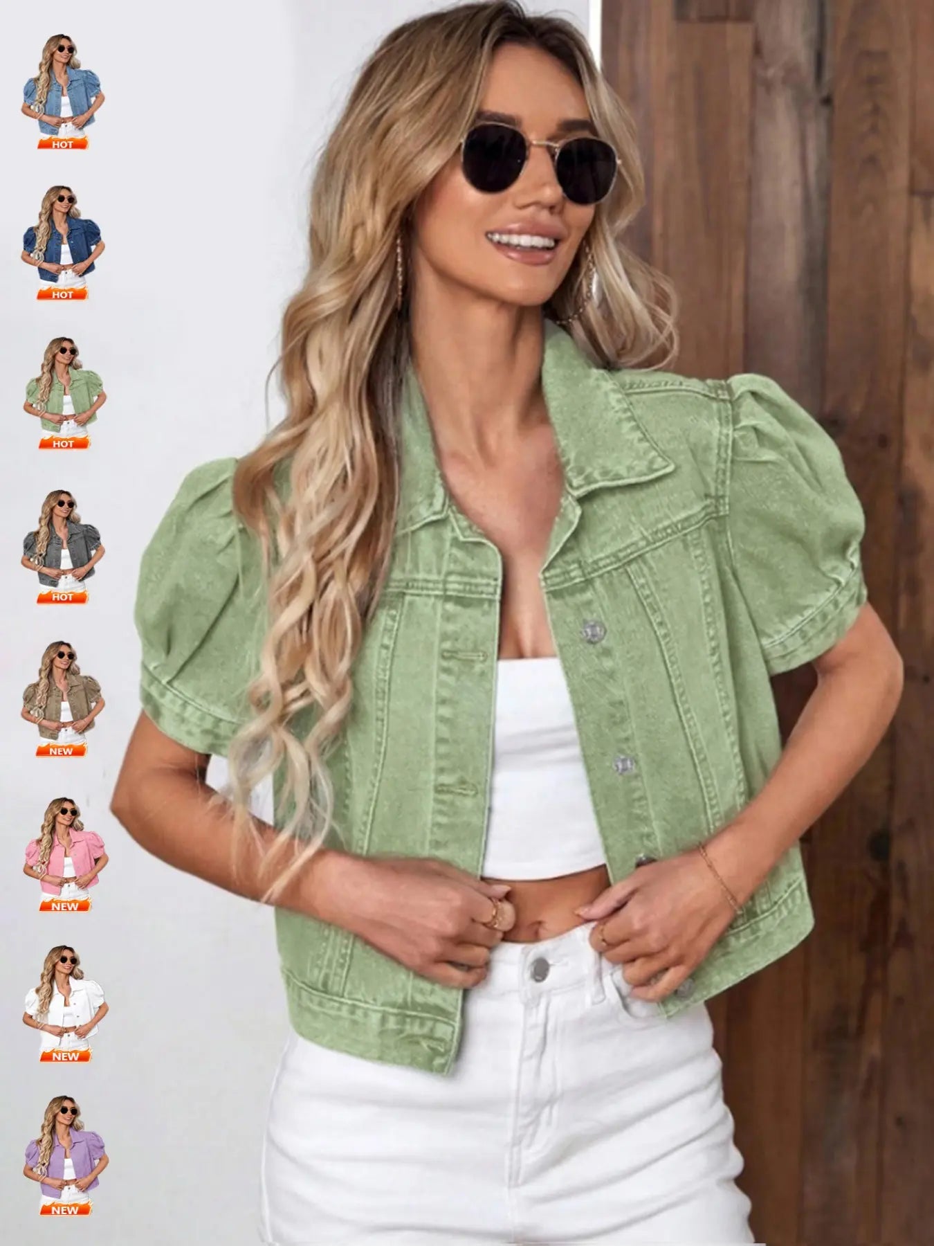 Women's Vintage Bubble Sleeve Light Wash Denim Jacket, Summer Thin High Waist Crop Top, Casual Fashionable Short Jean Coat for Women