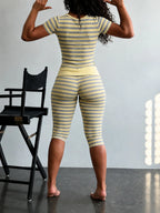Yellow Grey Striped Two Piece Loungewear Set Crew Neck Short Sleeve Slim Crop Top High Waist Capri Leggings Stretch Fitted Matching Outfit ideal for home relaxation gym training grocery runs and casual everyday all season comfy outfits
