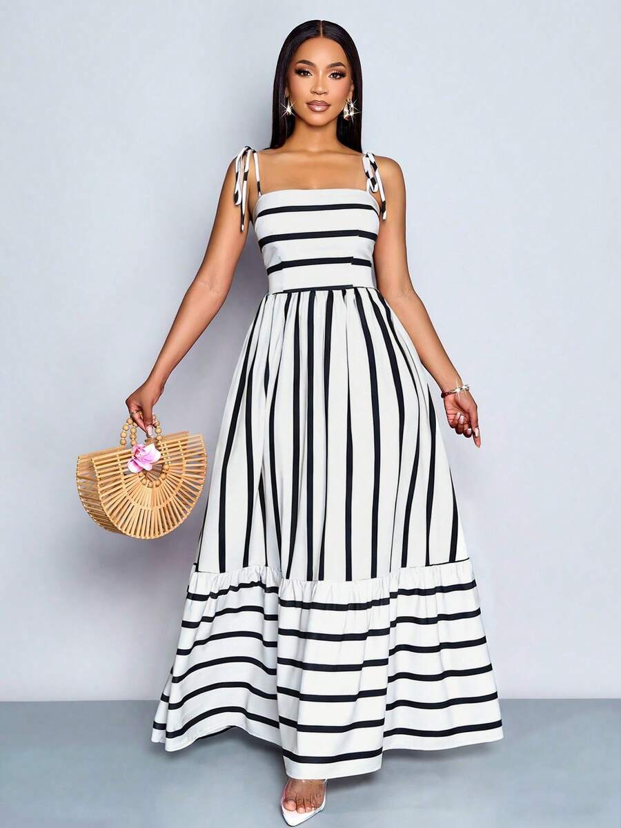 Women's Blue And White Stripe Flowing Maxi Dress,Summer Elegant Holiday Tea Party Holiday,Shoulder Straps Chest Gathering,Beach Casual Gown