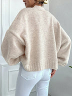Women's V Neck Lantern Sleeve Sweater, Casual Baggy Loose-Fit Knitted Cardigan, Fall & Winter Fashion, Plain Color, One Button Design, Knitwear, Long Sleeve Tops