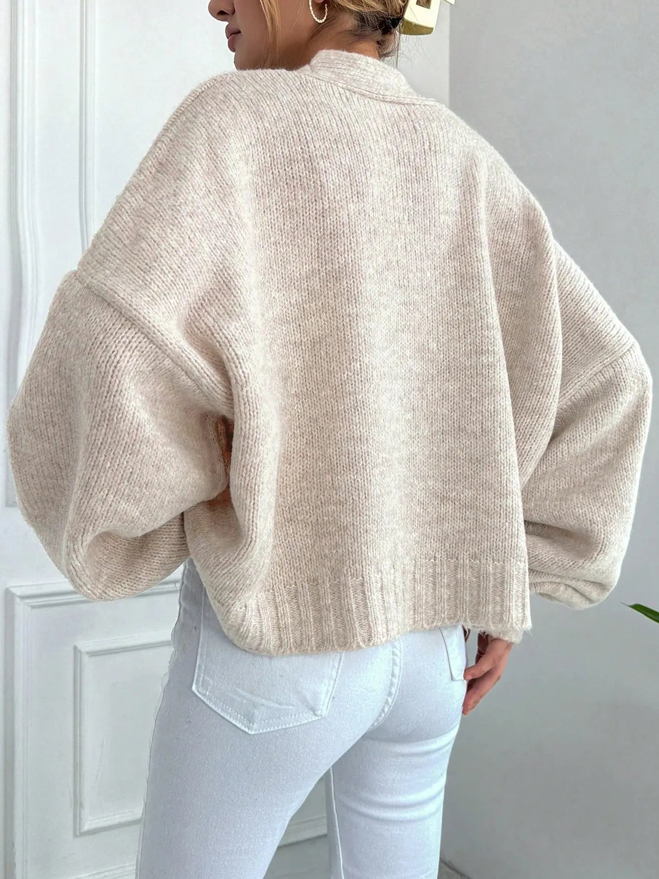 Women's V Neck Lantern Sleeve Sweater, Casual Baggy Loose-Fit Knitted Cardigan, Fall & Winter Fashion, Plain Color, One Button Design, Knitwear, Long Sleeve Tops