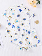 Women's All Over Cartoon Eye Print Short Sleeve Two-Piece Set